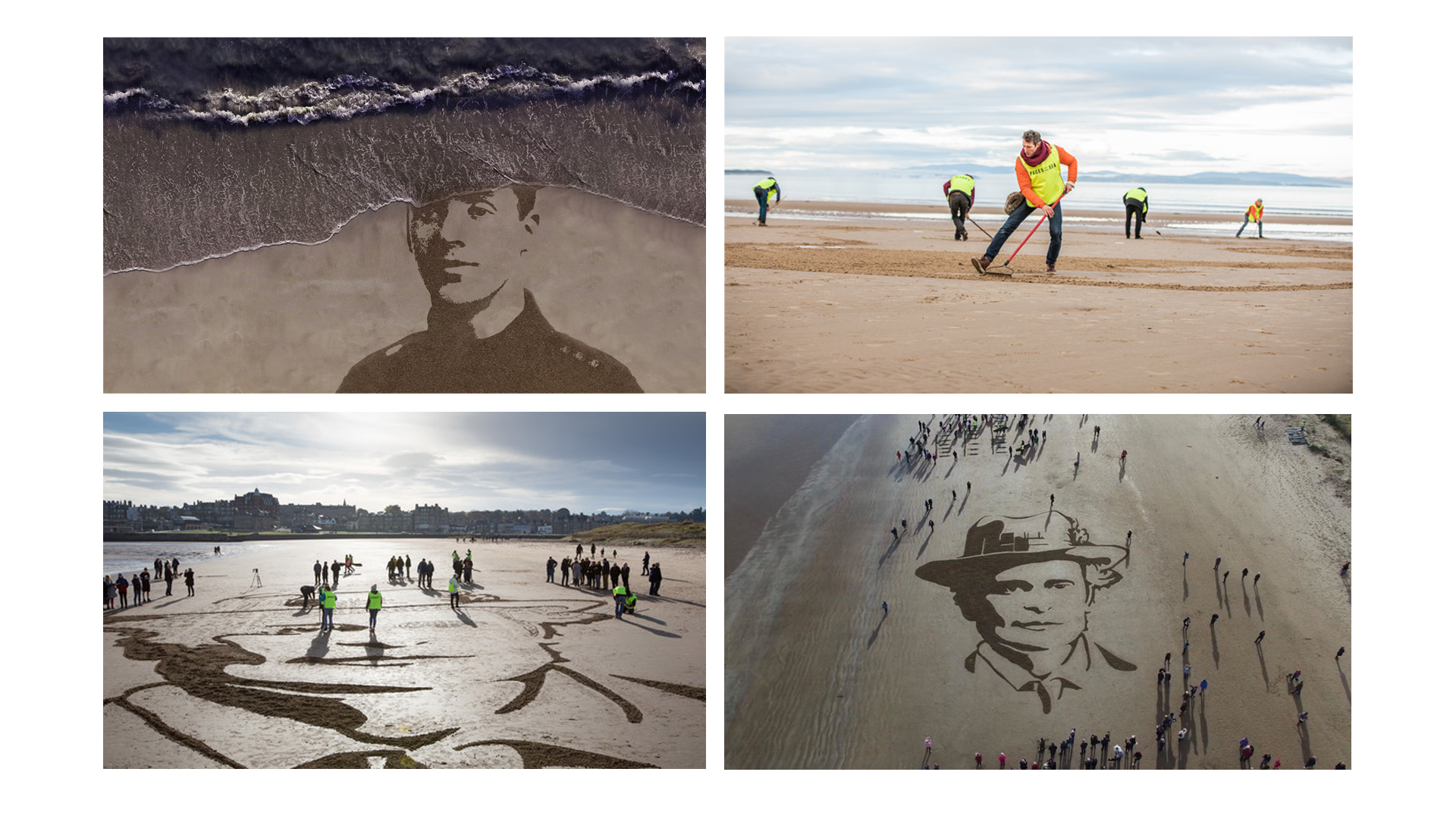 Images showing people creating art on the beaches